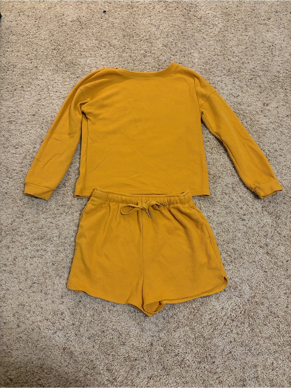 Cozy Waffle Knit Long-Sleeve Top & Shorts Pajama Set - Mustard